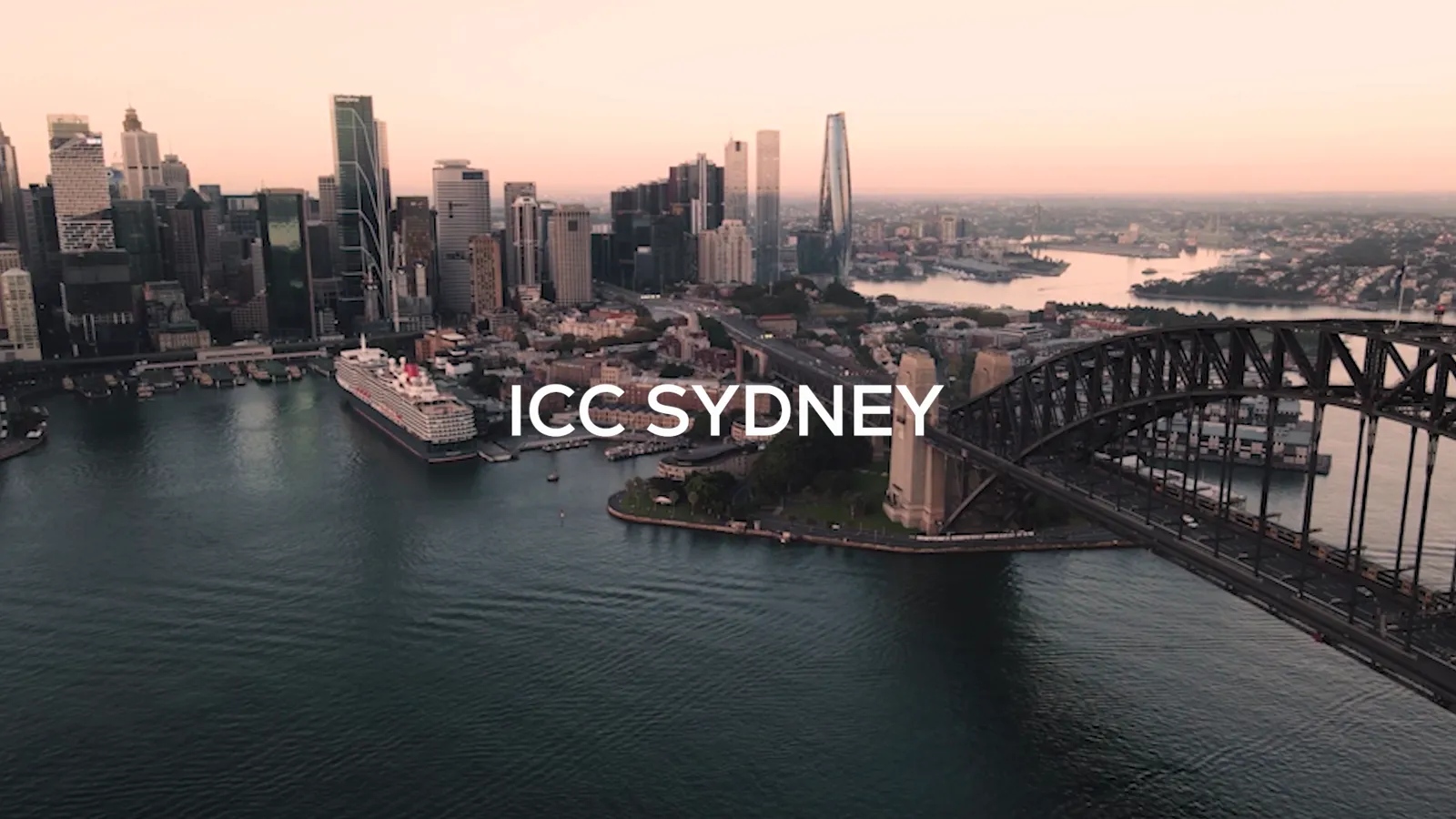 Aerial of Sydney Harbour and the CBD with an ICC Sydney title