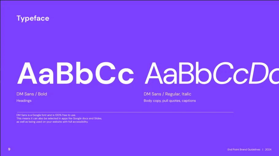 Typeface page: DM Sans for headings and body copy