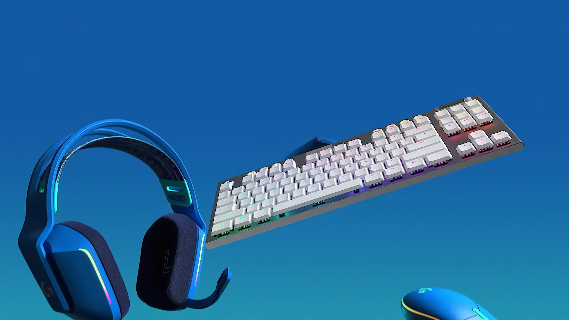 A Logitech G headset, keyboard and mouse floating against a blue gradient