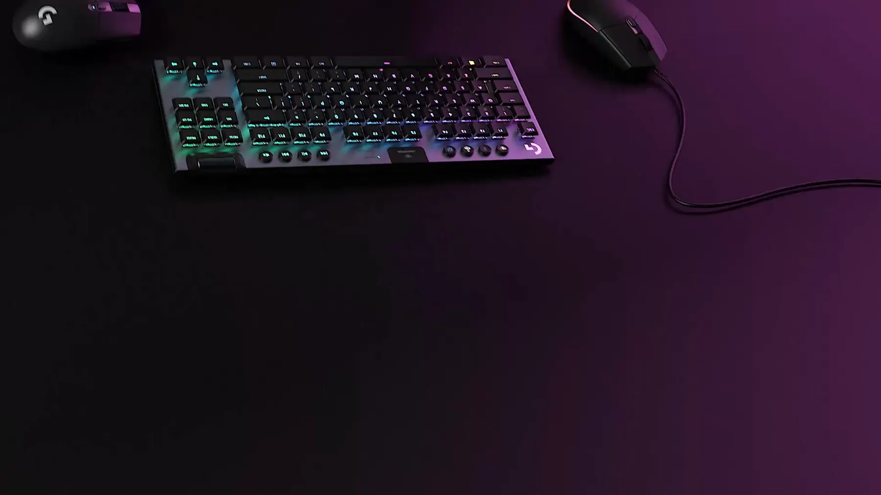 A black Logitech G setup with RGB lighting
