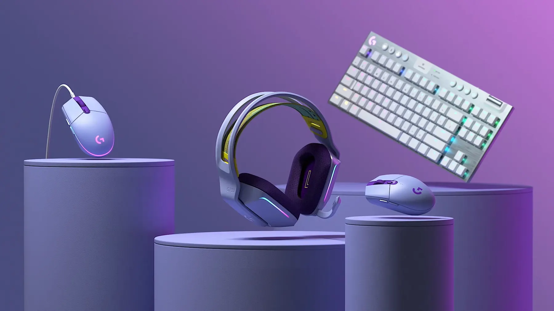 A white and lilac Logitech G setup on plinths